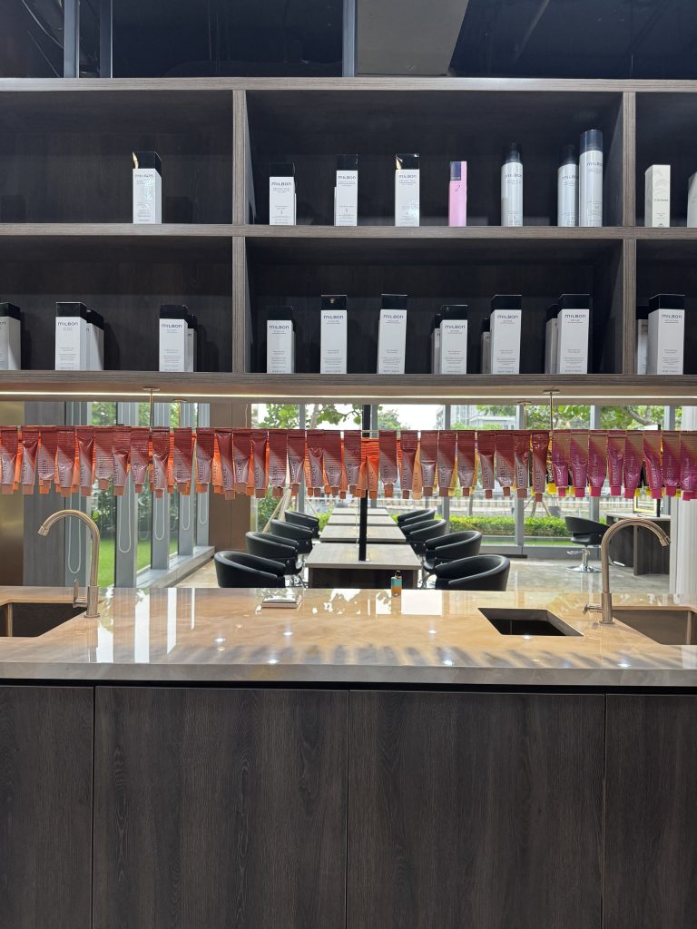 Hanging color tubes above the work counter