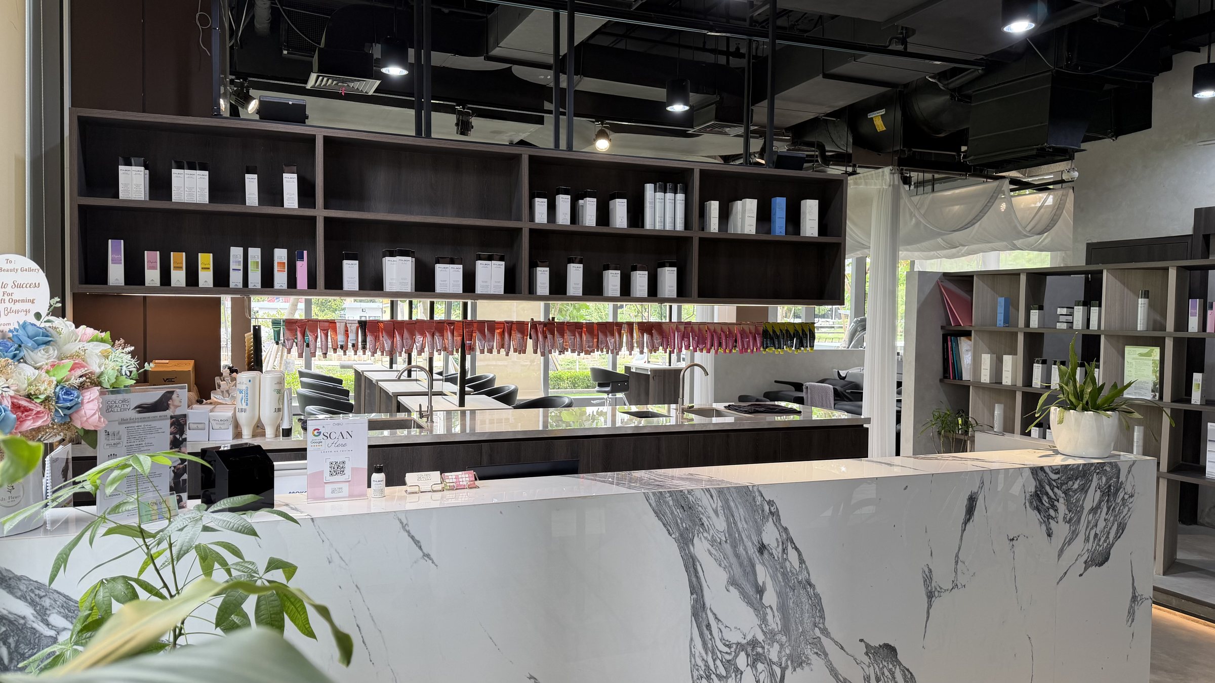 Reception counter and product shelves